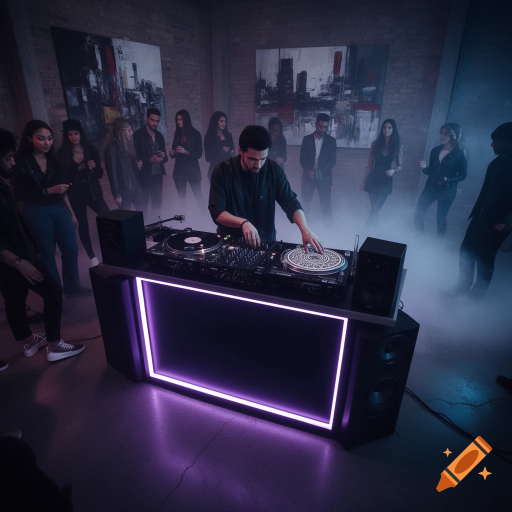 A male DJ plays records at a glowing purple console in a smoky, dimly lit club, surrounded by a crowd.
