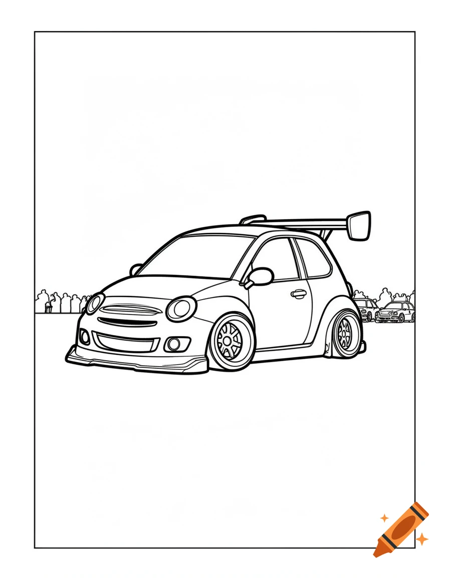 Black and white cartoon coloring page of a tuned small car with a large rear wing.
