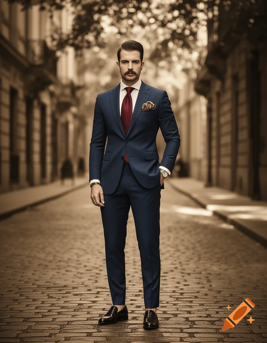 A dapper man in a blue suit, red tie, and mustache stands on a cobblestone street, with a sepia-toned city background.
