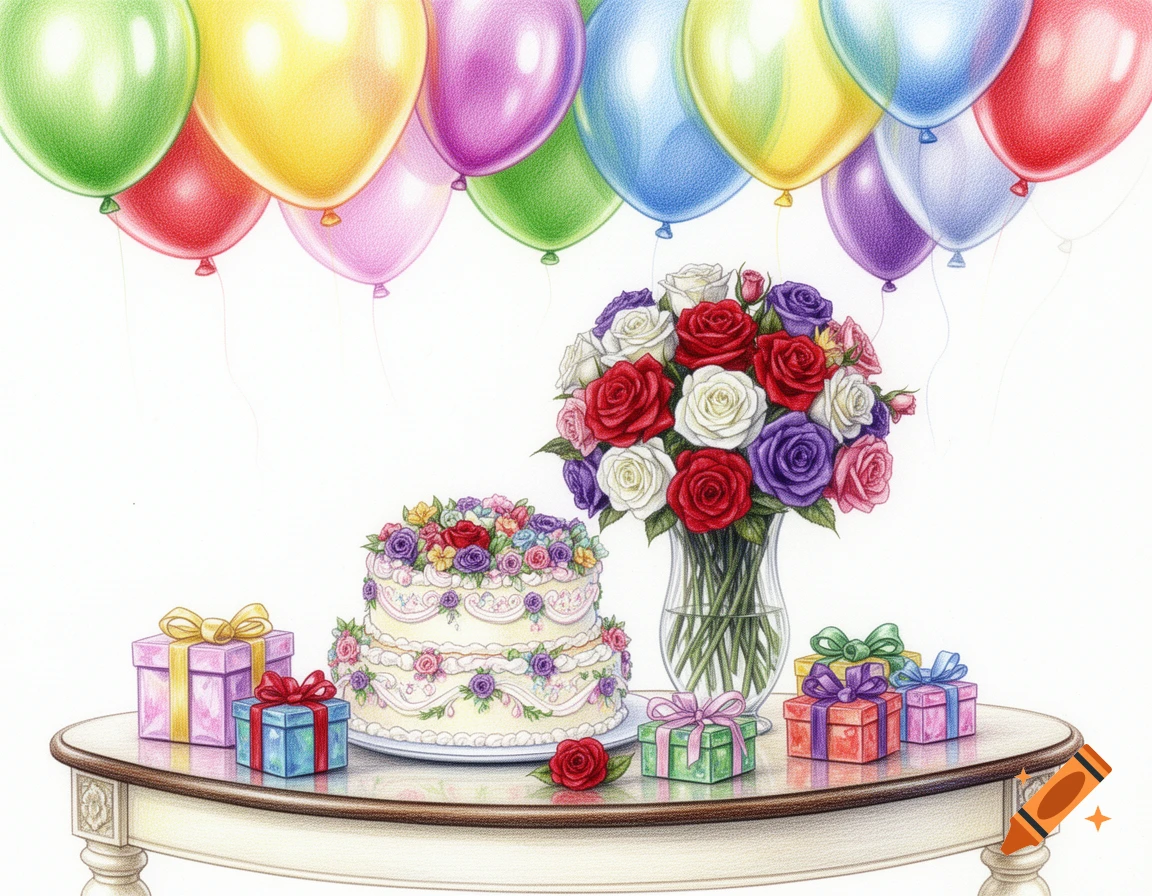 A colorful birthday illustration featuring a cake, a vase of roses, wrapped gifts, and balloons, drawn in a detailed colored pencil style.