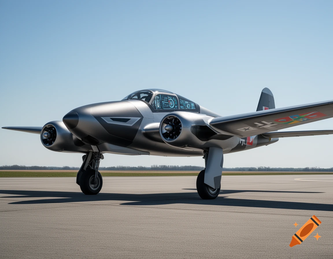A sleek, modern gray fighter jet, a reimagined Henschel Hs 129, stands on an airfield under a clear blue sky, with visible cockpit screens and historical markings on its wings.
