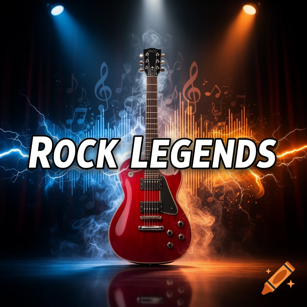 Red electric guitar on a stage with blue and orange lightning and musical notes, featuring 'ROCK LEGENDS' text.