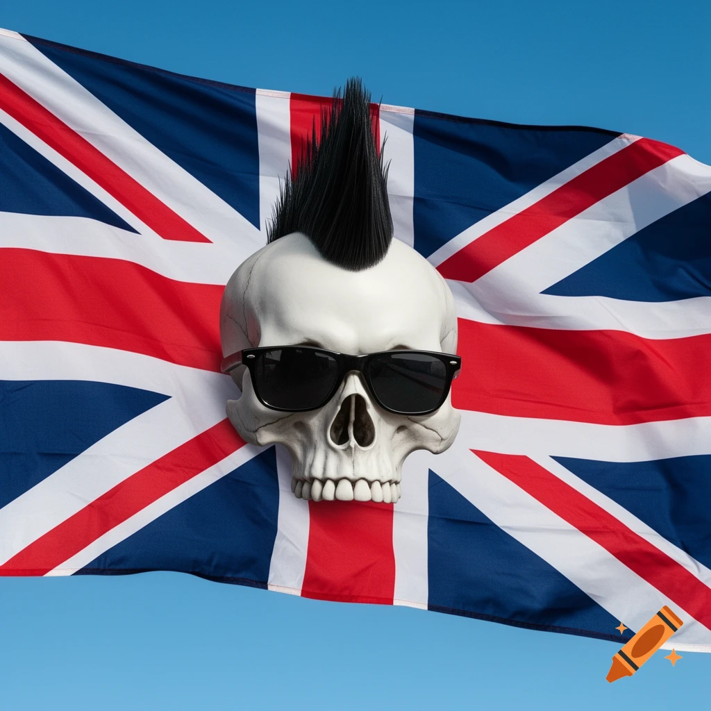 A skull with a black mohawk and dark sunglasses over a waving Union Jack flag against a blue sky.