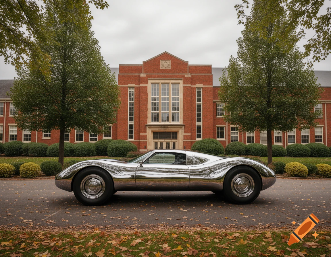 A sleek, chrome-plated car with large wheels parked on an asphalt road covered in autumn leaves, in front of a red brick school building.