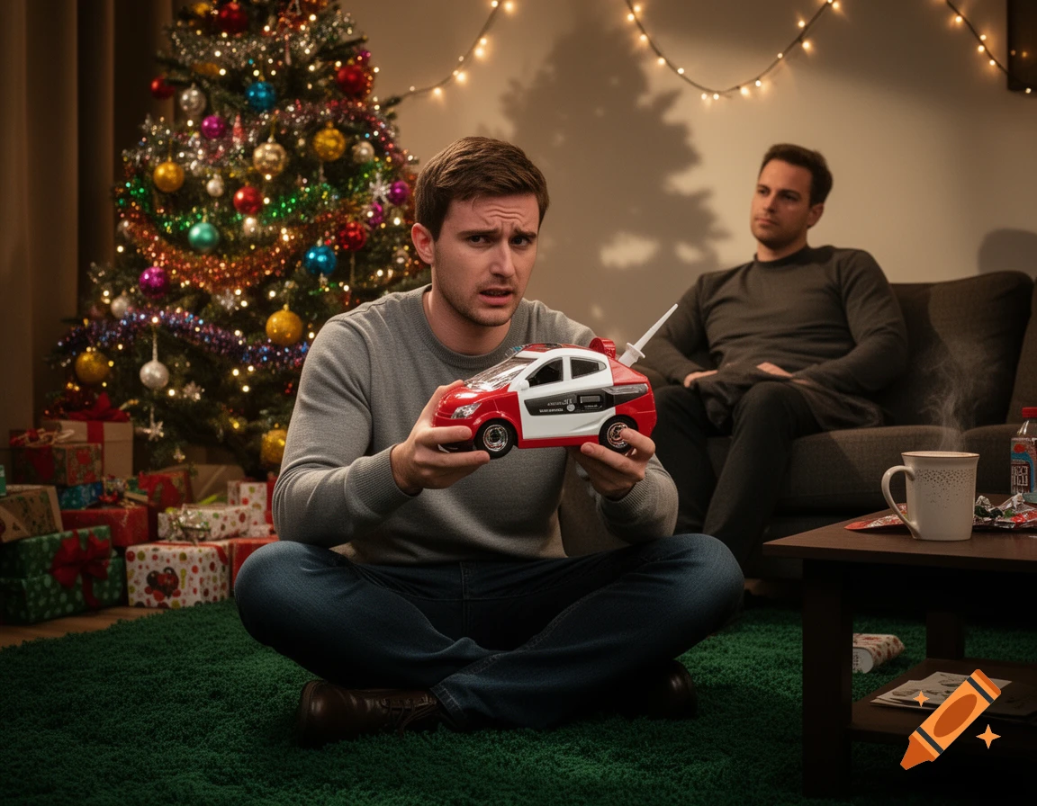 A man sits cross-legged in front of a decorated Christmas tree, holding a red and white toy car with a confused expression. Another man sits on a couch in the background.