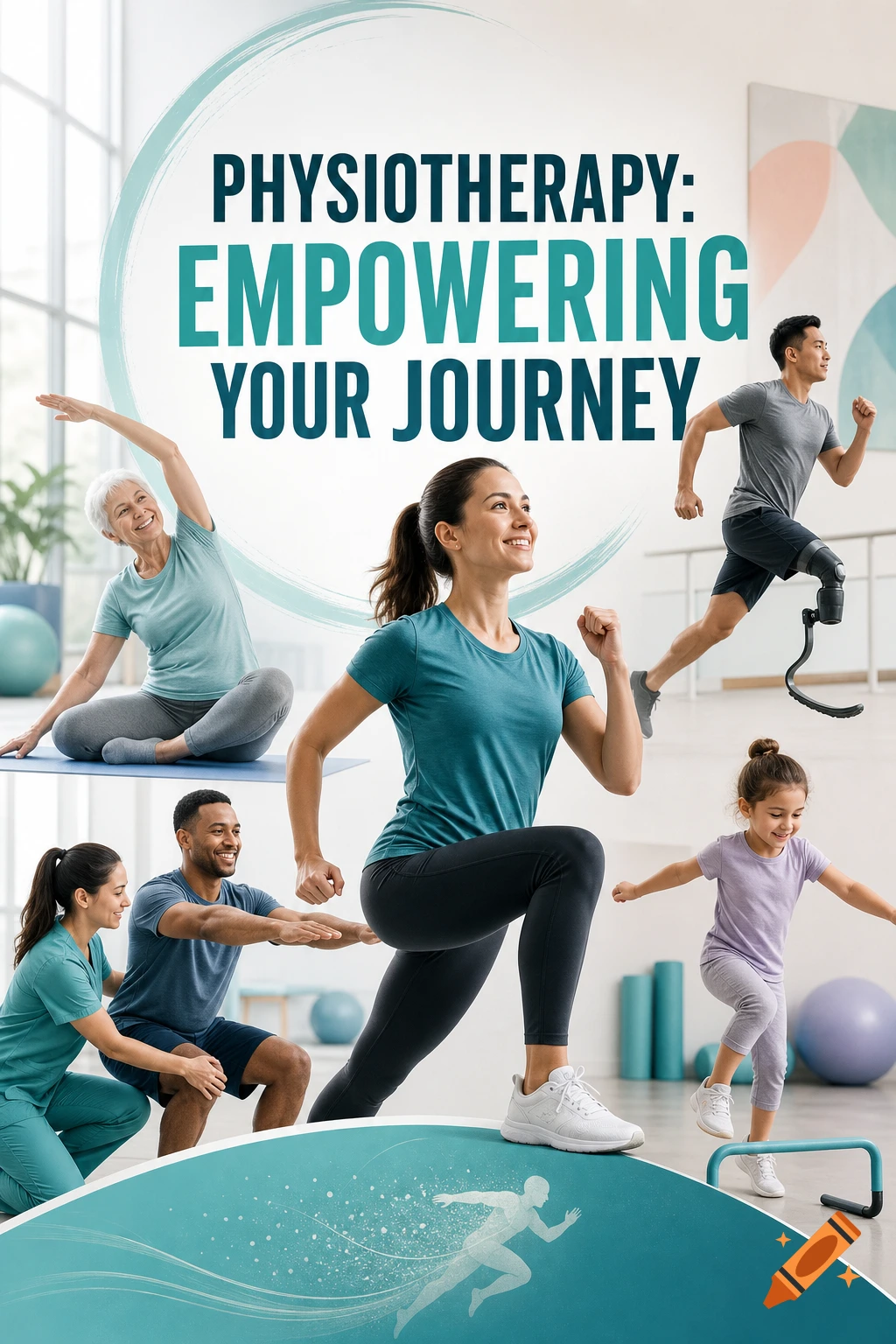Photorealistic collage showing diverse people of all ages engaged in physiotherapy exercises in a bright clinic, with text 'PHYSIOTHERAPY: EMPOWERING YOUR JOURNEY'.