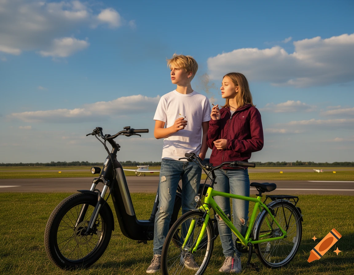 Two young people, one smoking, stand next to an e-bike and a bicycle on a grassy airfield under a blue sky.