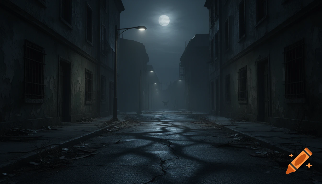 An eerie, dark, empty street at night, lined with old buildings and illuminated by a full moon and dim streetlights. A hazy figure stands in the distant fog.