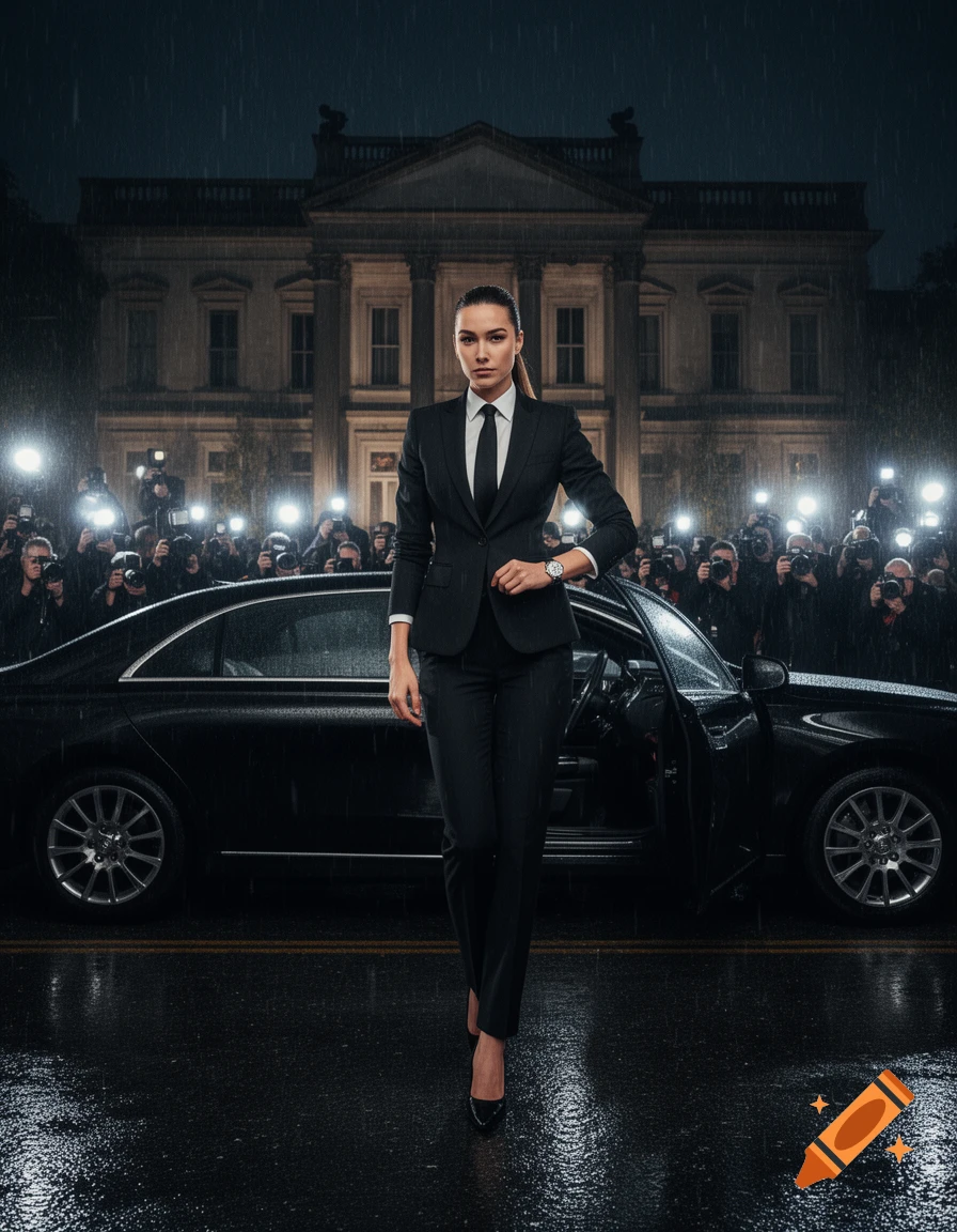 A woman in a black suit and tie stands beside a luxury car on a wet street at night, illuminated by paparazzi flashes, with a grand building in the background.