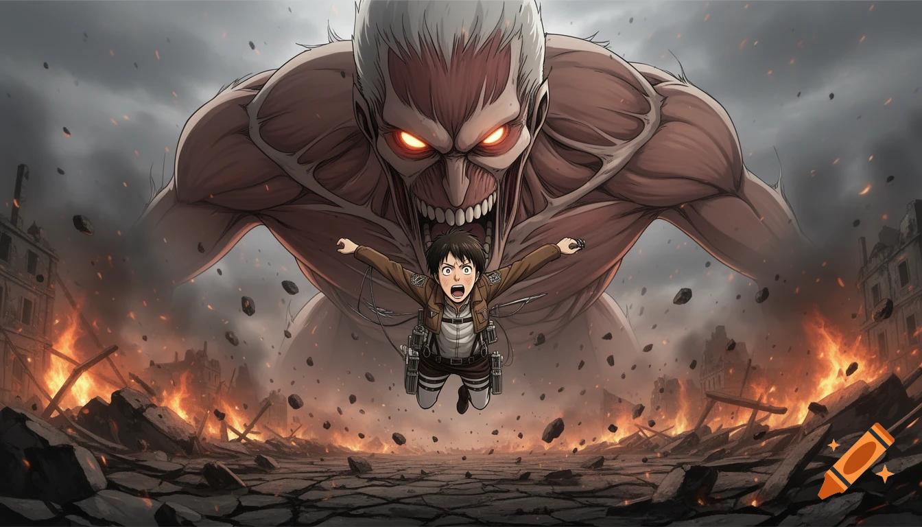 An anime-style giant skinless titan with glowing red eyes towers over a terrified Eren Yeager flying through a fiery, destroyed city.
