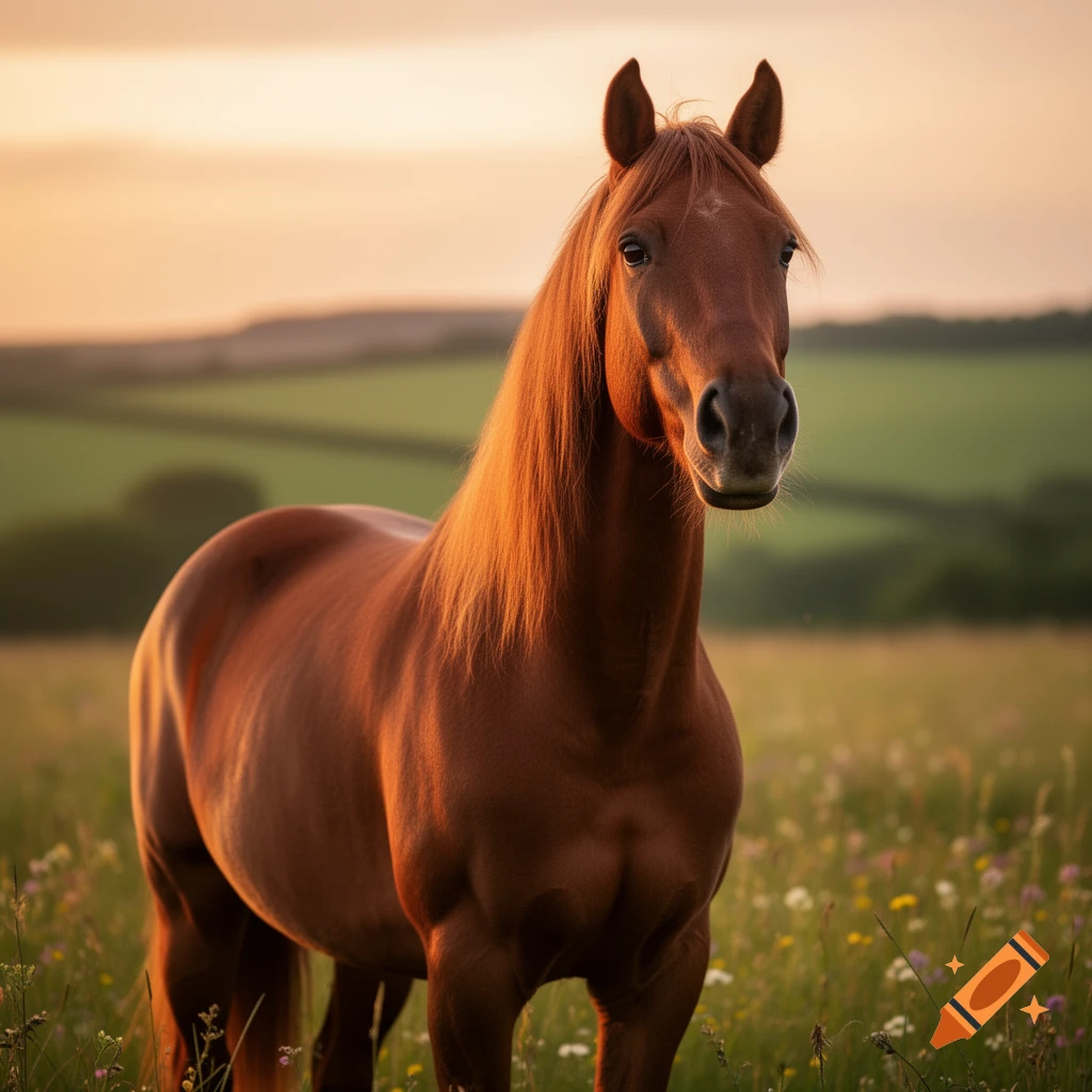 A beautiful brown horse with a flowing mane stands in a sunlit meadow, bathed in the warm glow of sunset. Photorealistic.