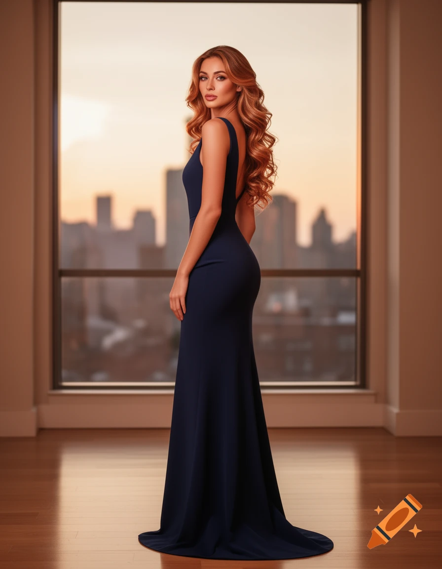 A woman in a navy blue dress stands elegantly, looking over her shoulder with a city skyline at sunset in the background.