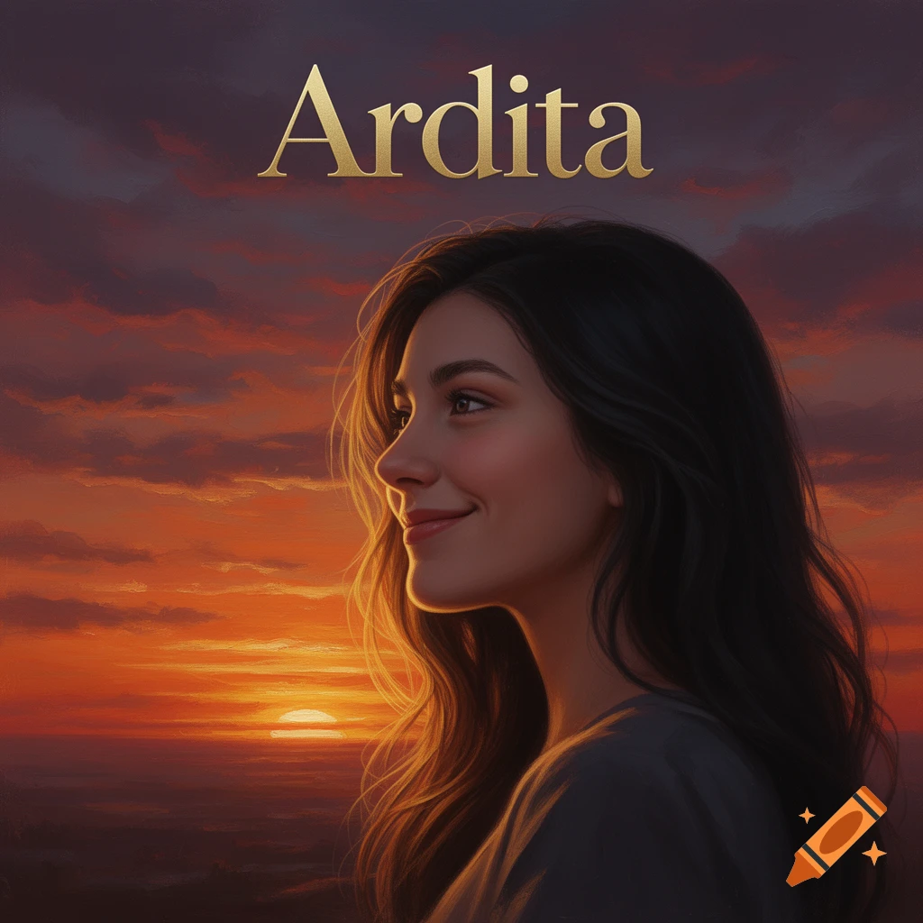 Cinematic realistic painting of a young woman in profile with long dark hair, smiling gently while looking at a warm, golden sunset. The title 'Ardita' is at the top.