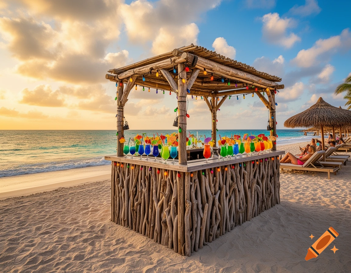 A vibrant beach bar with colorful cocktails under a beautiful sunset sky, with lounge chairs and the ocean in the background.