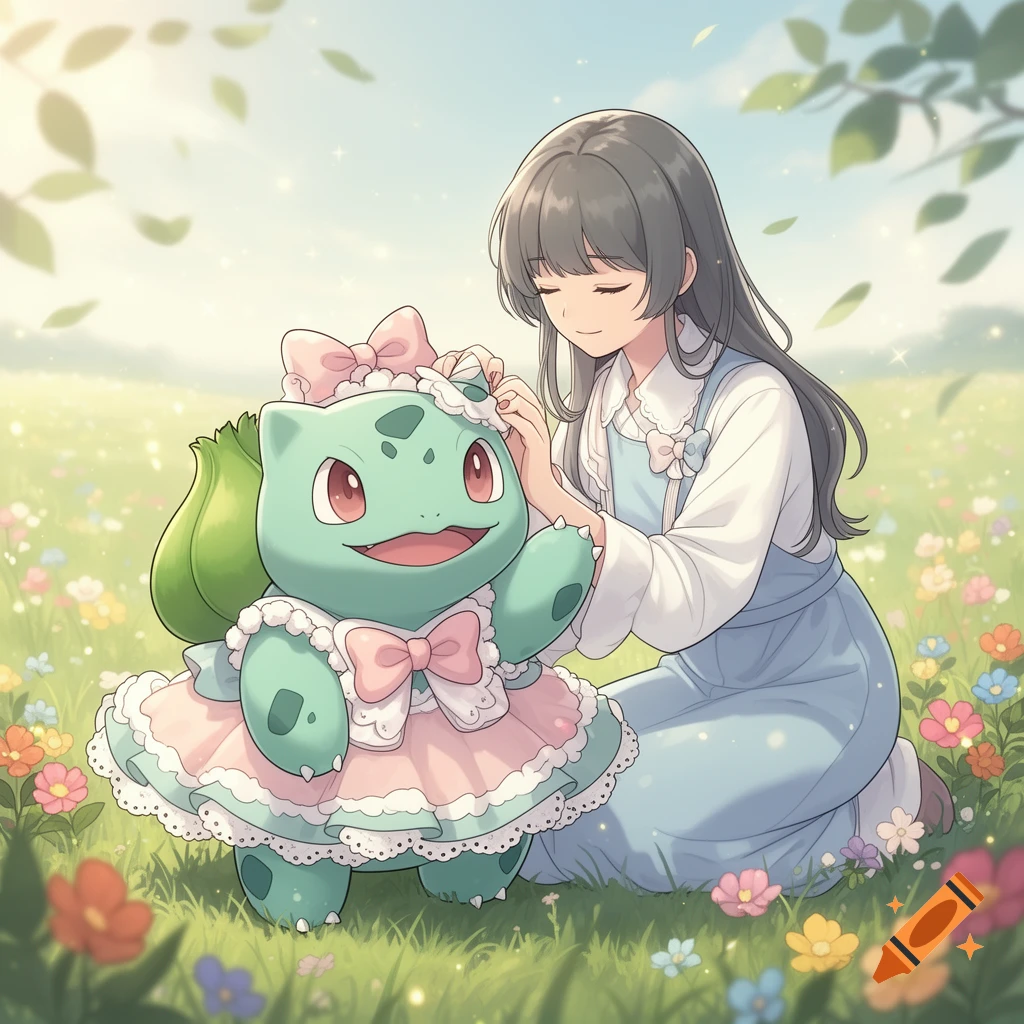 An anime girl gently pets a smiling Bulbasaur dressed in a pink frilly dress, both sitting in a sunny field of colorful flowers.