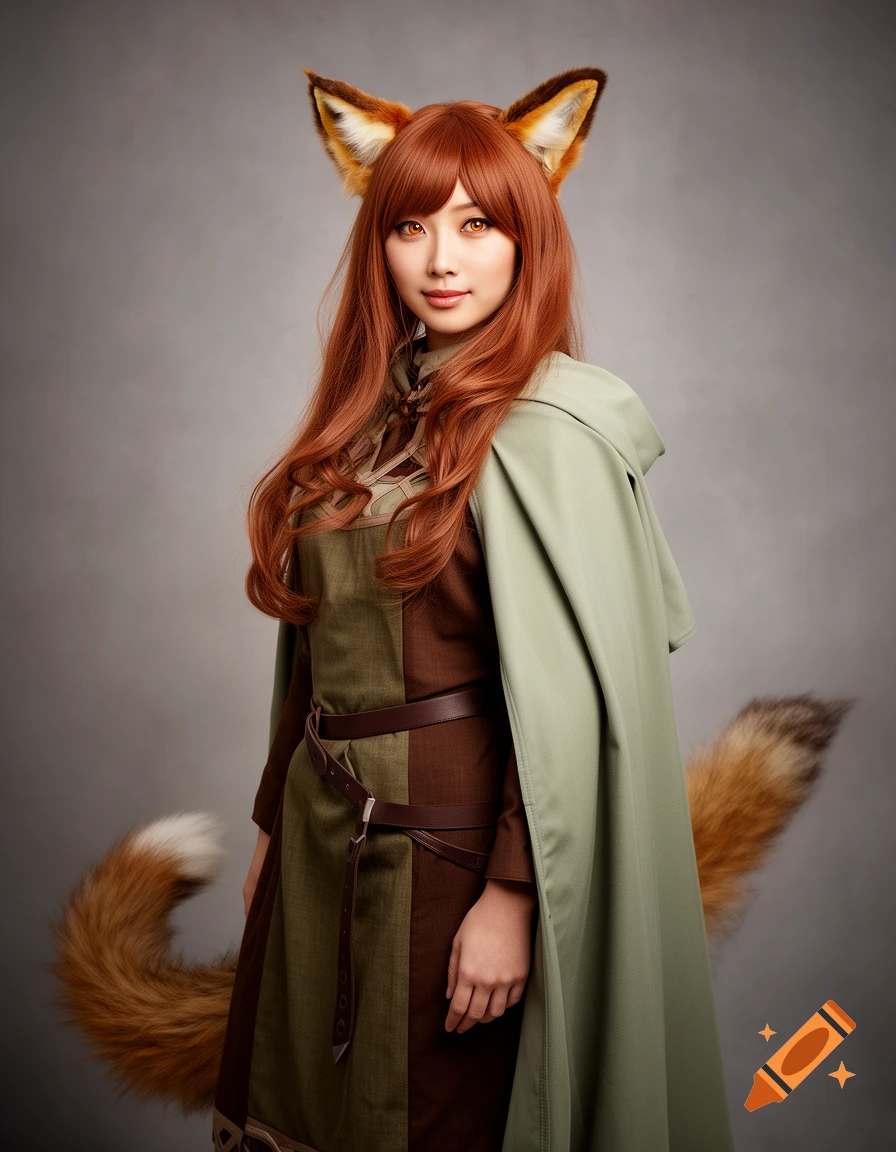 Photorealistic image of a woman cosplaying a fox-girl, with reddish-brown hair, fox ears, orange eyes, green cape, and brown tunic against a gray background.