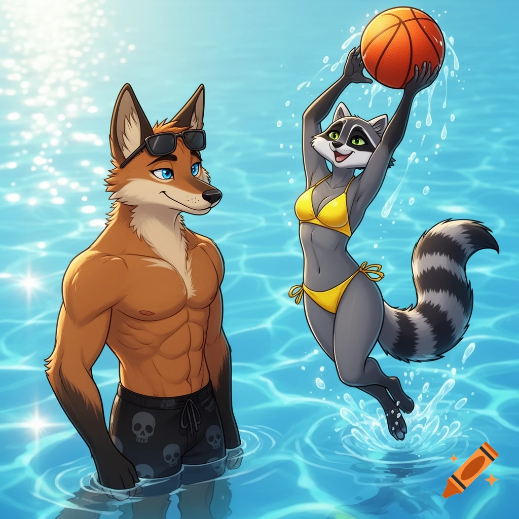 Cartoon fox in swim trunks and raccoon in a yellow bikini playing basketball in a pool.