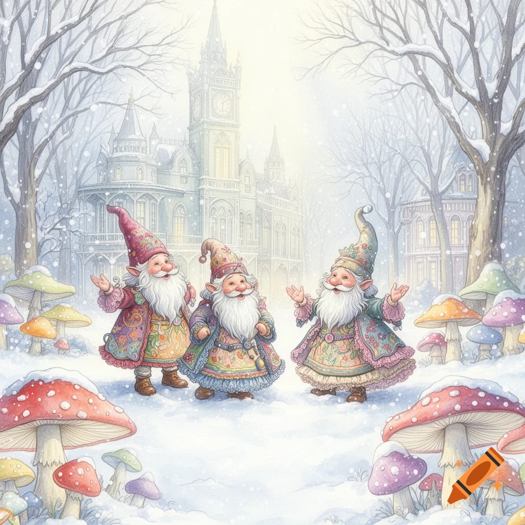 Whimsical watercolor illustration of three gnomes in colorful clothes standing in a snowy landscape with mushrooms and a castle in the background.