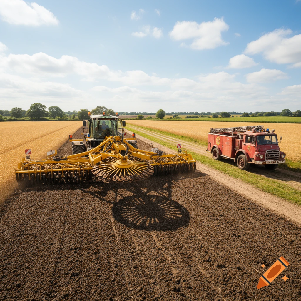 A white tractor with a large yellow tilling attachment works a brown field next to a red vintage fire engine on a dirt road, under a blue sky.