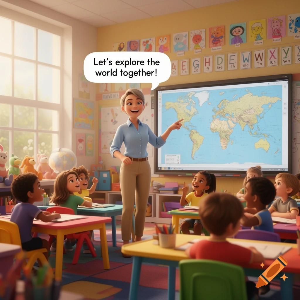 An animated teacher points at a world map on a classroom screen as diverse students watch. A speech bubble reads, "Let's explore the world together!"