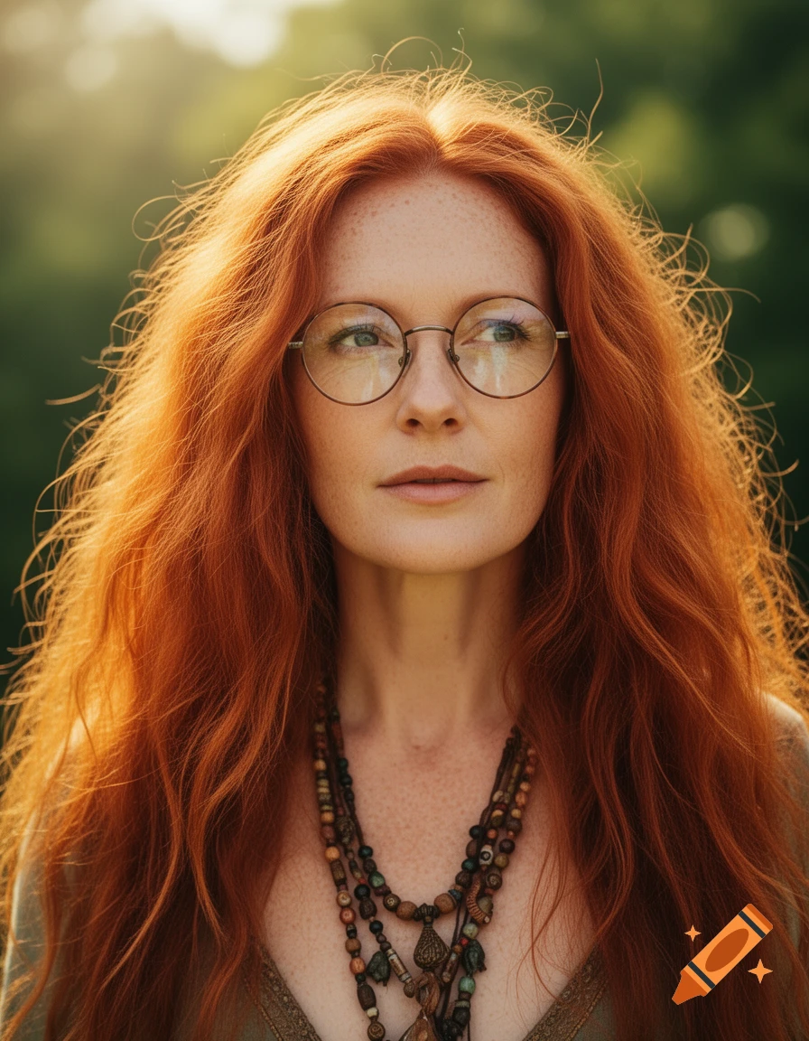 Photorealistic medium shot of a woman with long red hair, freckles, round glasses, and a long beaded necklace, looking dreamy in nature.
