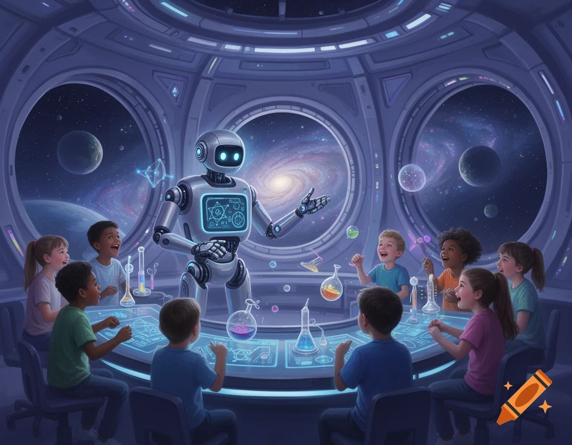 An illustration of a friendly robot teaching a group of diverse children science lessons inside a futuristic space station, with planets visible through windows.