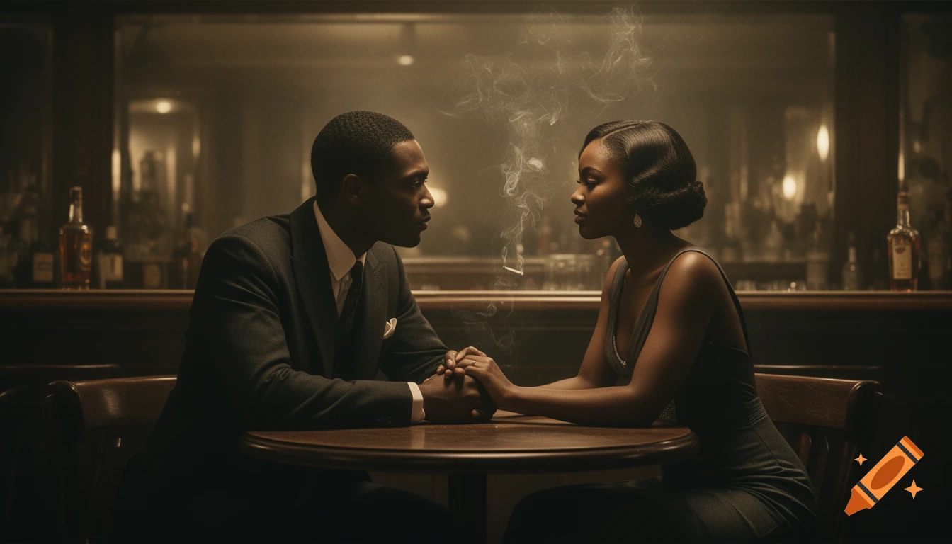A man and woman in 1930s film noir style sit at a dimly lit bar, holding hands and looking into each other's eyes.