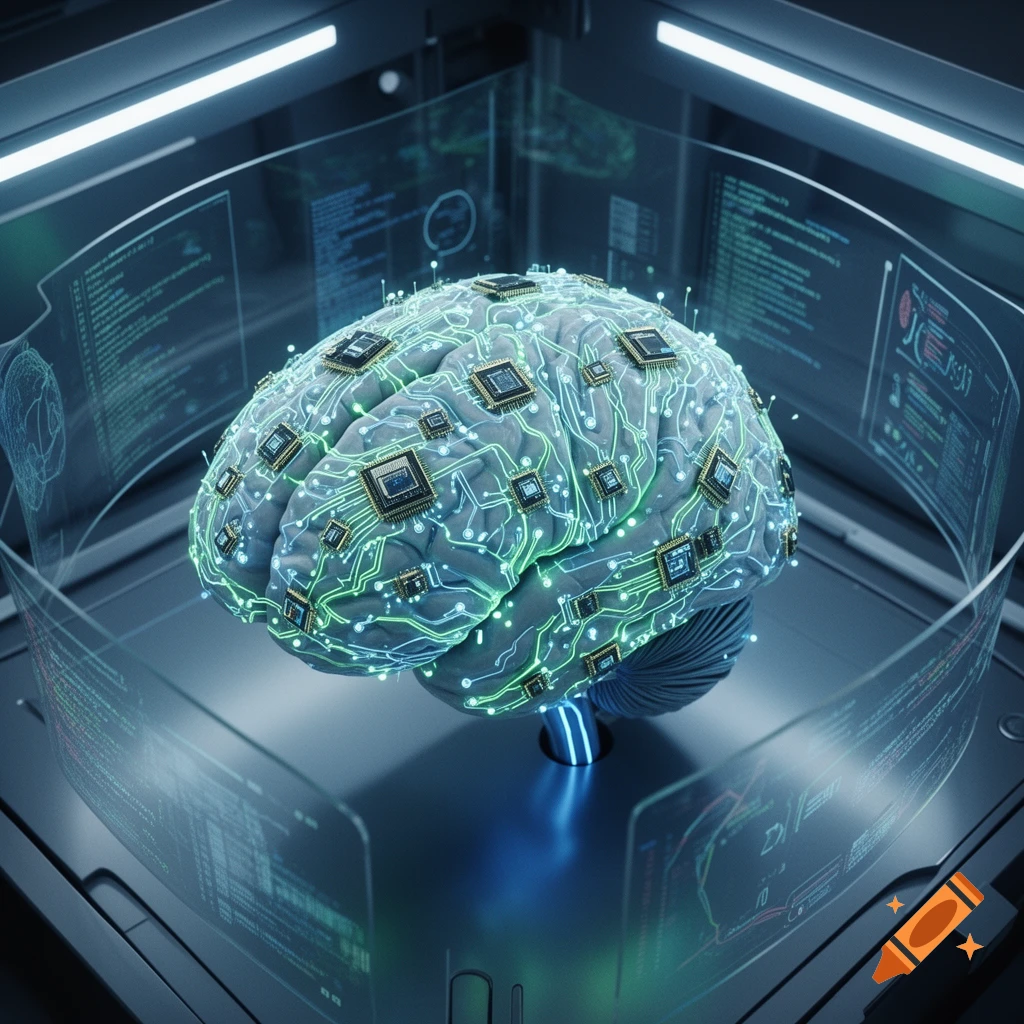 A stylized human brain with glowing green circuits and microchips, surrounded by holographic data screens in a dark, high-tech lab.