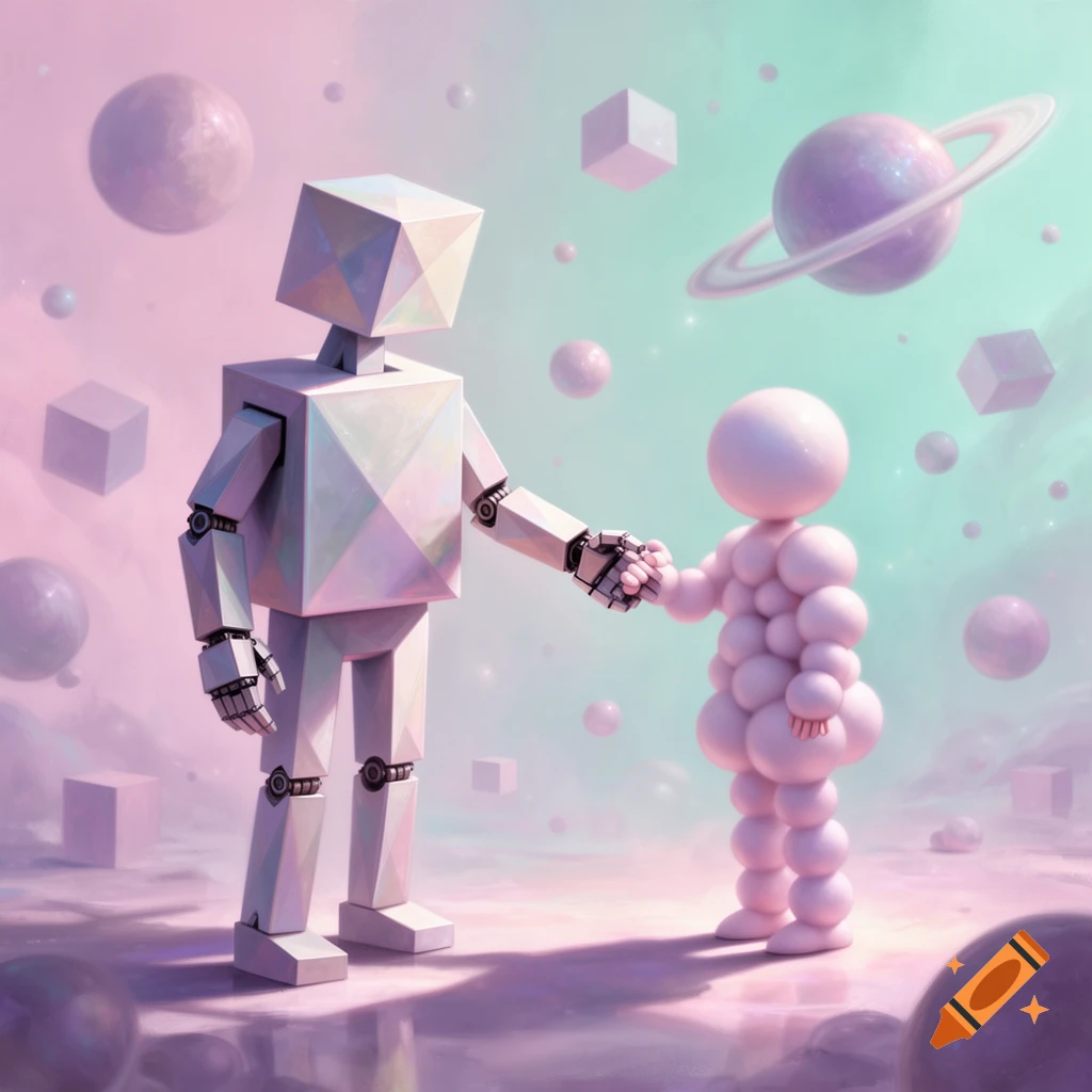 A blocky robot and a spherical figure shake hands in a pastel, abstract space with floating shapes and a ringed planet.
