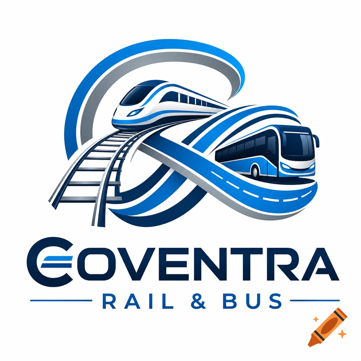 Blue and white logo for Coventra Rail & Bus, featuring a train on tracks and a bus on a road, intertwining.