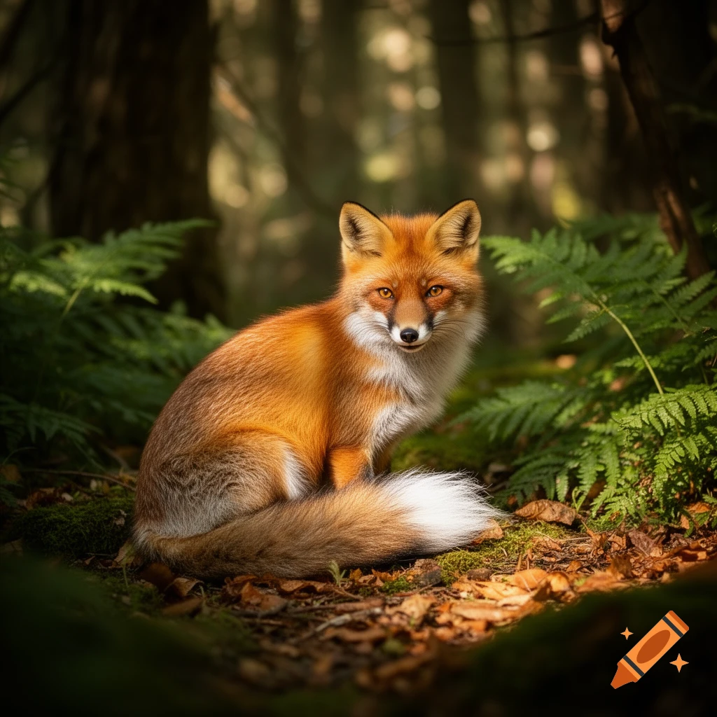 A photorealistic image of a red fox sitting on a forest floor amidst ferns and fallen leaves, looking directly forward.