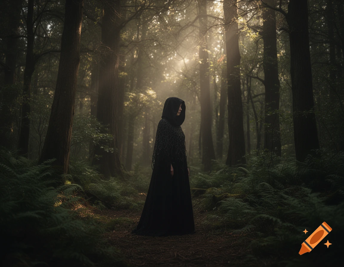 A mysterious figure in a dark hooded cloak stands on a path in a dense, misty forest with sunlight filtering through the trees.