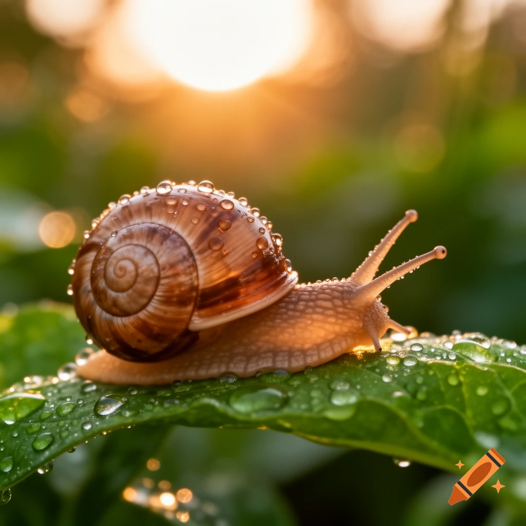 A close-up of a brown snail with water droplets on its shell and a green leaf, backlit by a warm, golden sun.