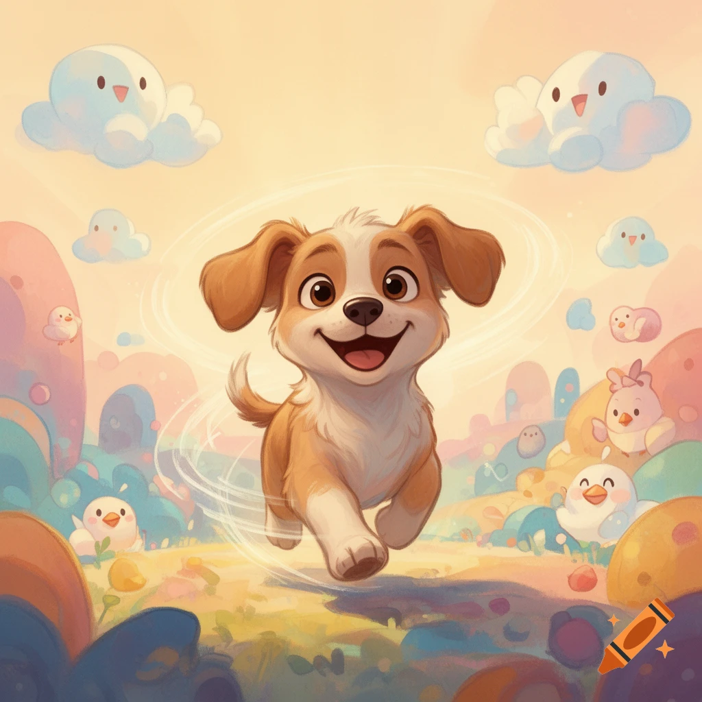 A happy cartoon puppy runs through a vibrant, whimsical landscape with smiling cloud and bird characters.