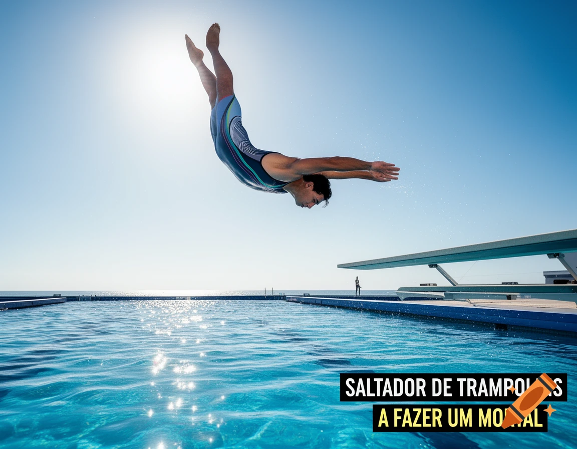 A male diver performs a somersault mid-air after jumping from a springboard at an outdoor swimming pool under a bright blue sky.