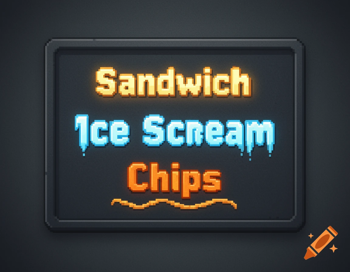 A pixel art menu board displaying 'Sandwich' in orange, 'Ice Scream' in blue with drips, and 'Chips' in orange glowing text.
