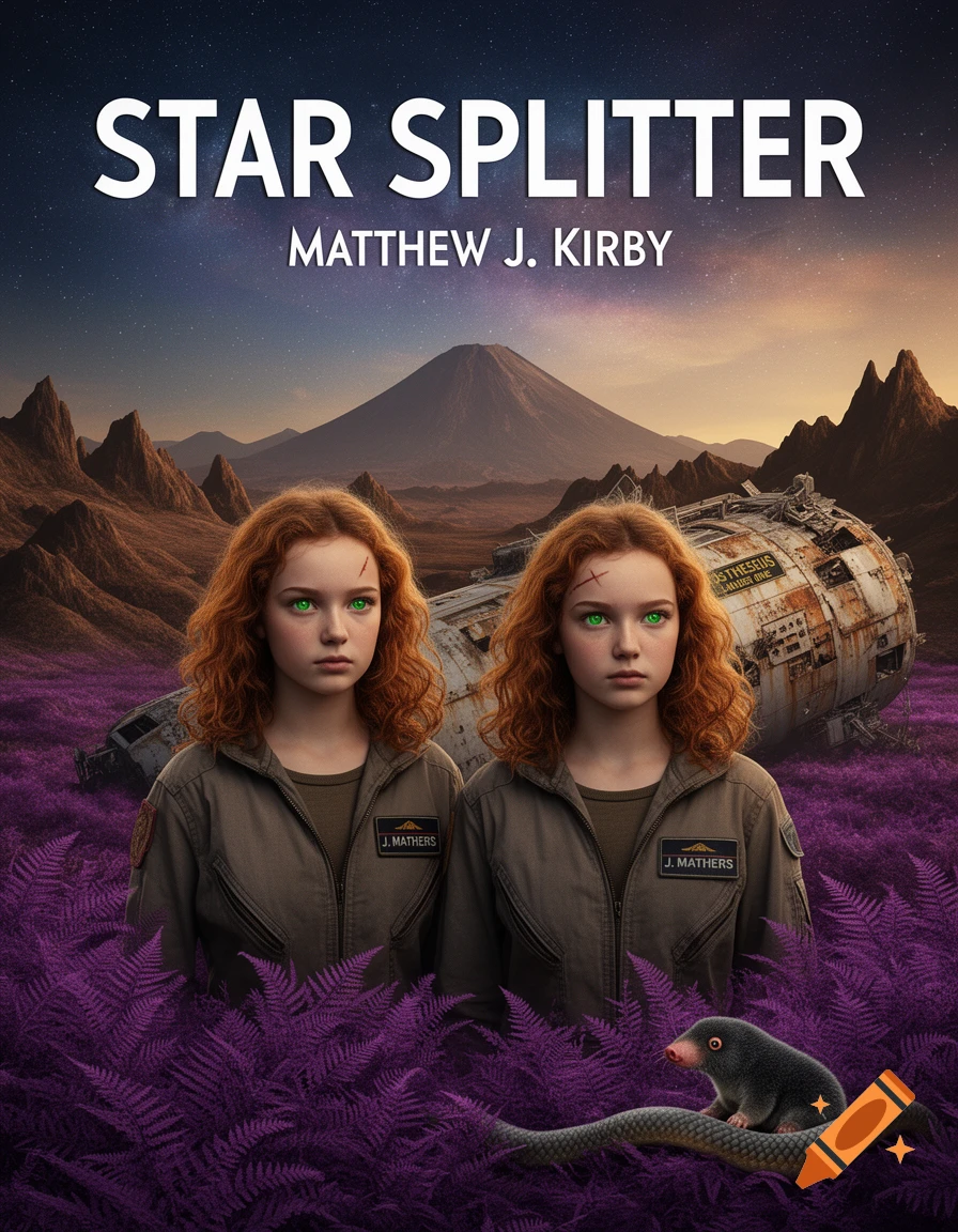 A poster for "Star Splitter" by Matthew J. Kirby, showing two identical girls with green eyes and auburn hair in jumpsuits in front of a crashed spaceship and a purple alien landscape, with a mole-snake creature in the foreground.