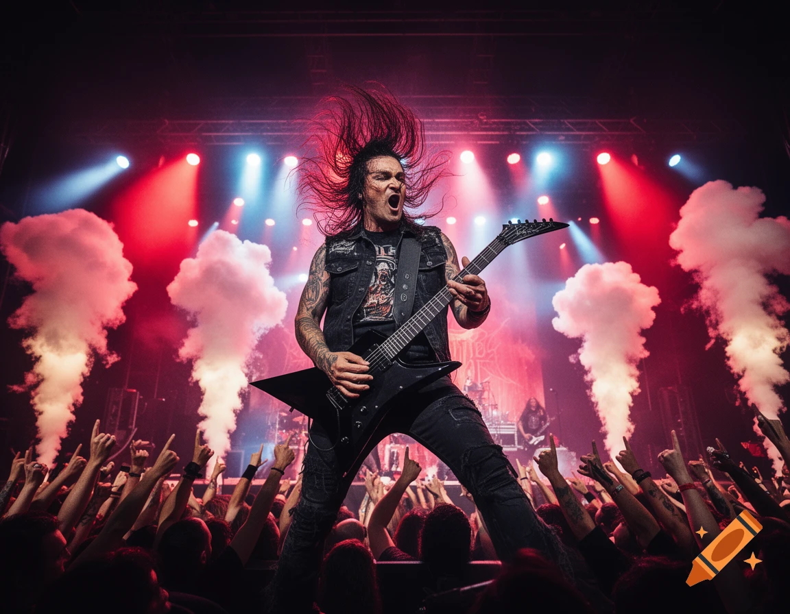 A heavy metal guitarist with long hair flying in the air, playing an electric guitar on stage amidst red and blue lights and smoke, with a cheering crowd below.