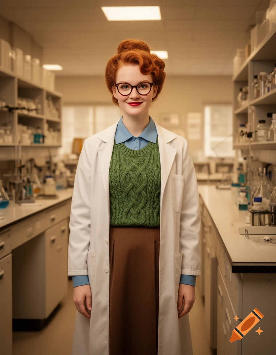 A smiling redhead woman in a lab coat, green sweater, and glasses in a clean laboratory.