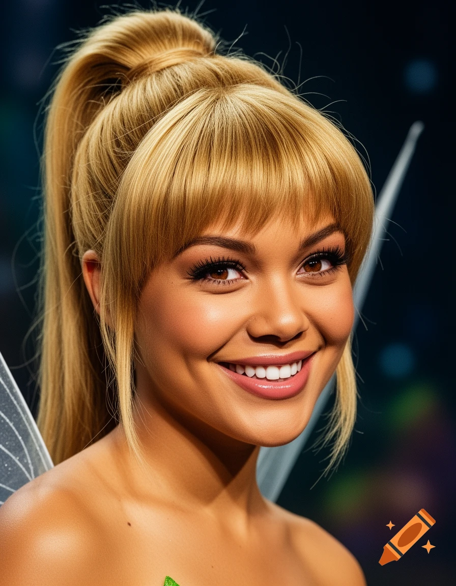 Photorealistic portrait of a smiling woman with blonde ponytail and bangs, dressed as Tinkerbell, against a dark background.