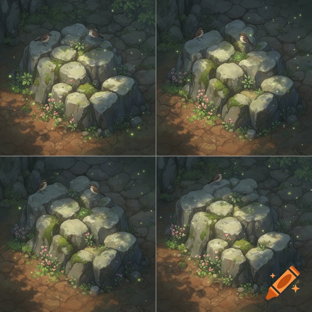 Isometric rocky terrain with moss, pink flowers, glowing particles, dappled light, and small birds, in Studio Ghibli style for an RPG.