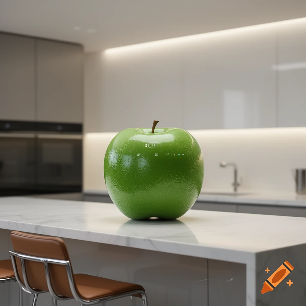 A shiny green apple with a glowing digital interface on a marble kitchen counter.