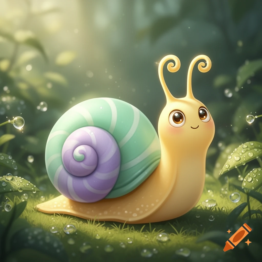 A cute yellow cartoon snail with a pastel green and purple striped shell sits in lush green grass with dew drops.