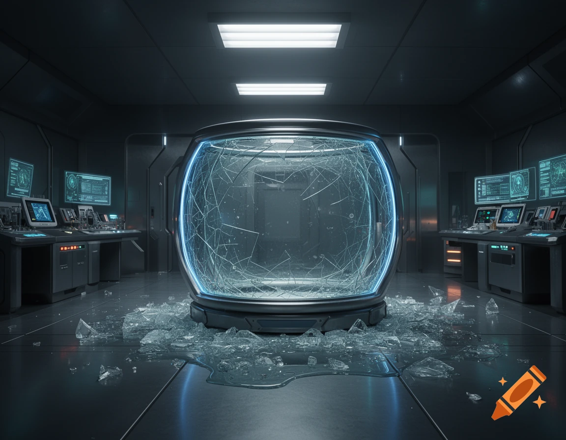 Futuristic laboratory with a large, broken glass tank in the center, surrounded by glass shards and liquid, with control panels on the sides.