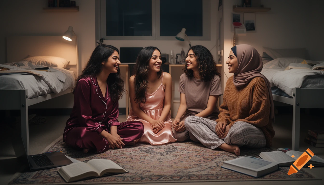 Four smiling Arab college girls have a photorealistic sleepover study date in a cozy dorm room, sitting on the floor surrounded by books.