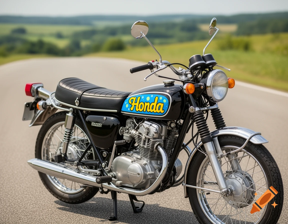 A black 1968 Honda CB450 motorcycle with a yellow bubble writing Honda logo on the fuel tank, parked on an asphalt road.
