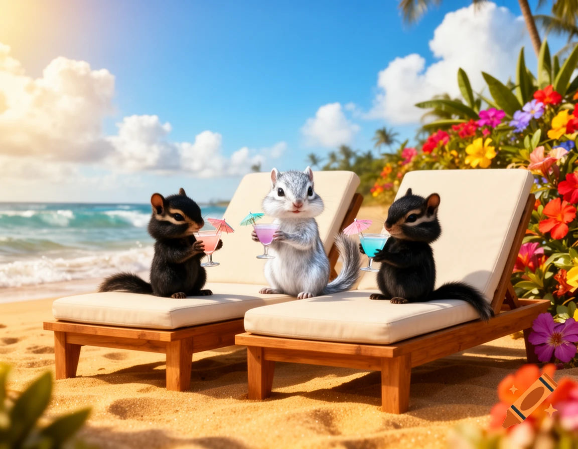 Two black chipmunks and one silver chipmunk relax on lounge chairs on a sunny beach, each holding a cocktail.