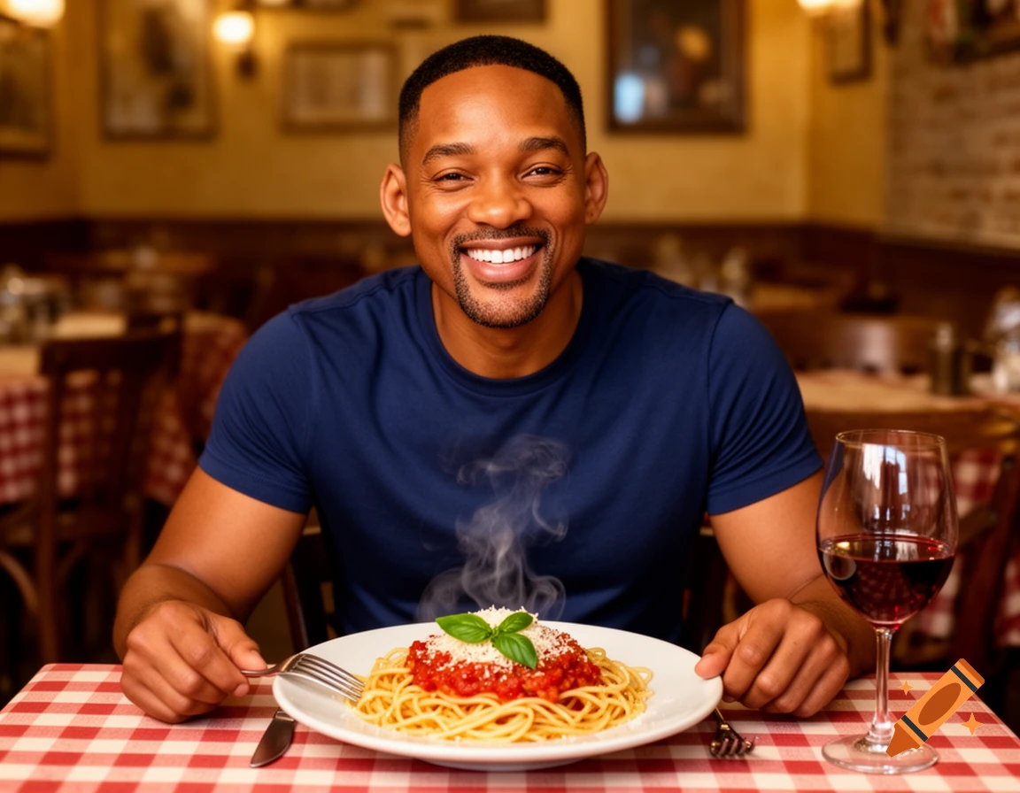 Will Smith smiles at a restaurant table with a steaming plate of spaghetti and a glass of red wine.