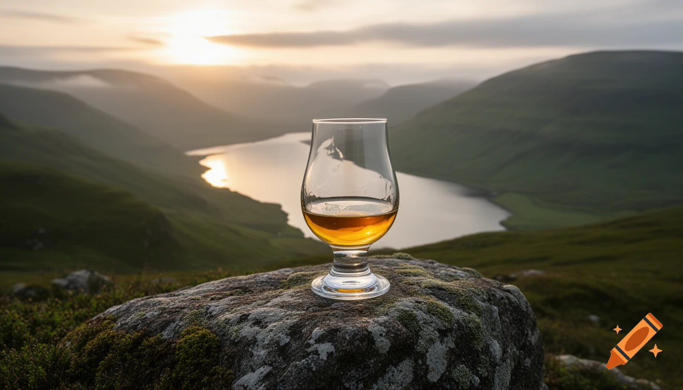 A crystal Glencairn whisky glass with amber liquid rests on a mossy rock overlooking a scenic Scottish loch at sunset.