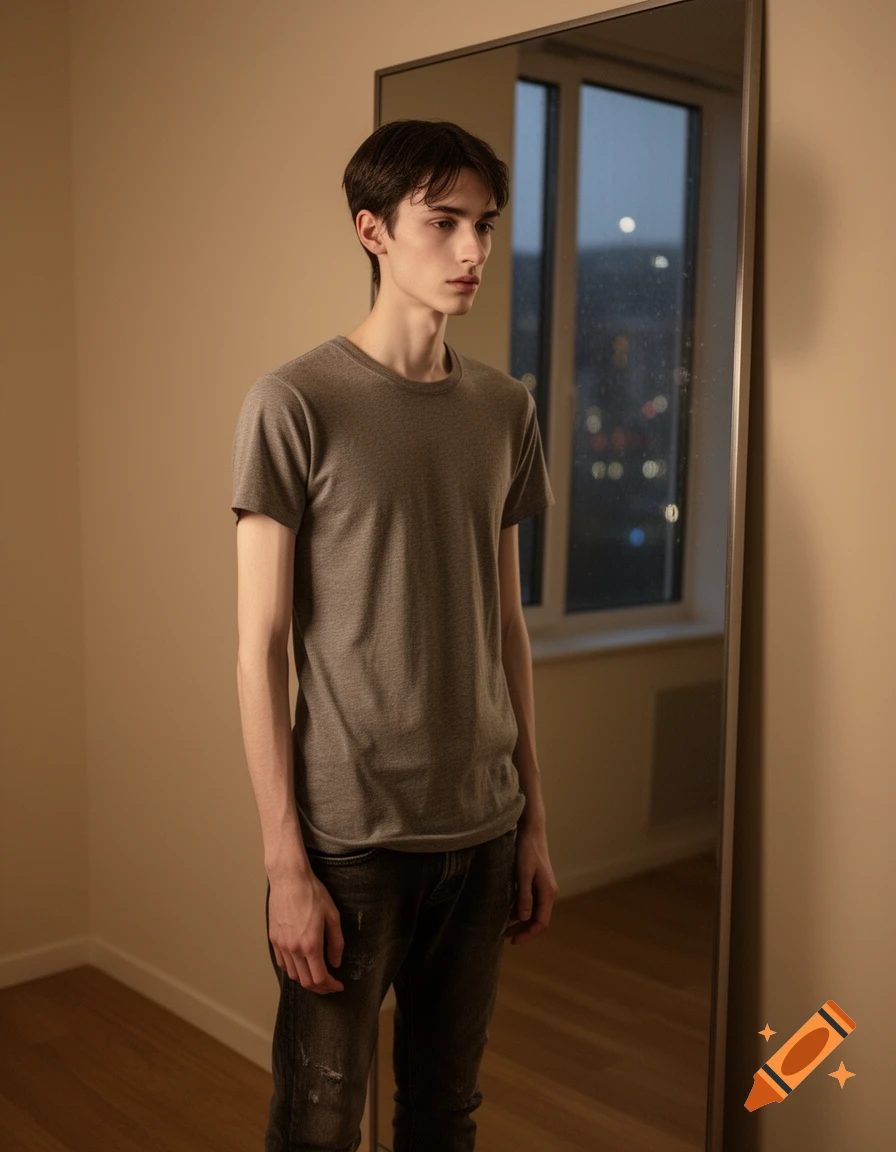 A skinny young man in a gray t-shirt stands looking into a mirror that reflects a window with blurred city lights.